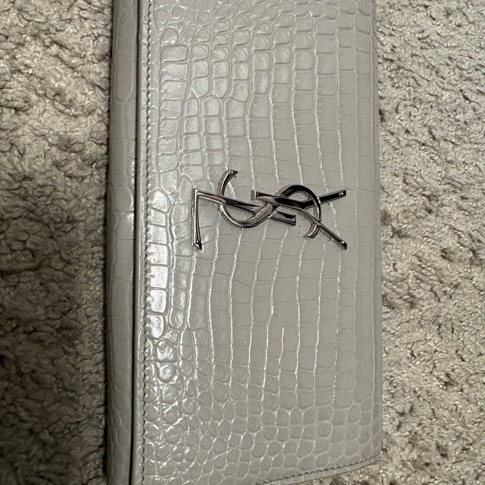 Saint Laurent Croc-Embossed Silver Clutch